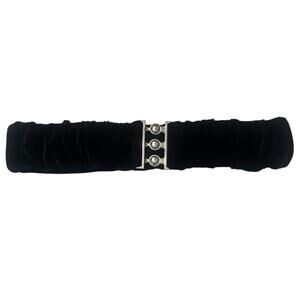 Vintage 80s 90s Black Velvet Stretch Belt Silver Triple Ball Hook Buckle S/M